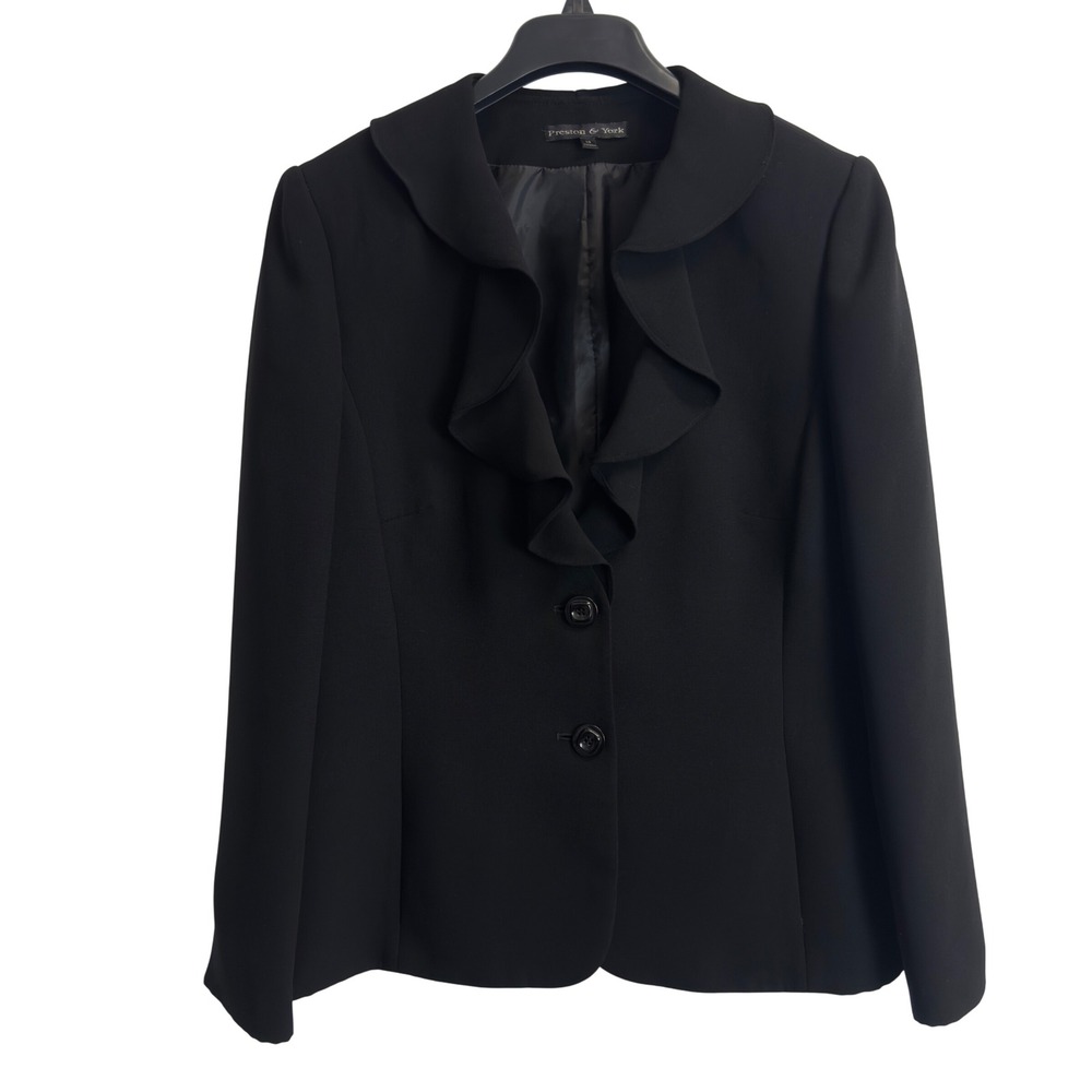 Preston & York Womens Black Ruffle Lapel Blazer Jacket Size 14 Professional